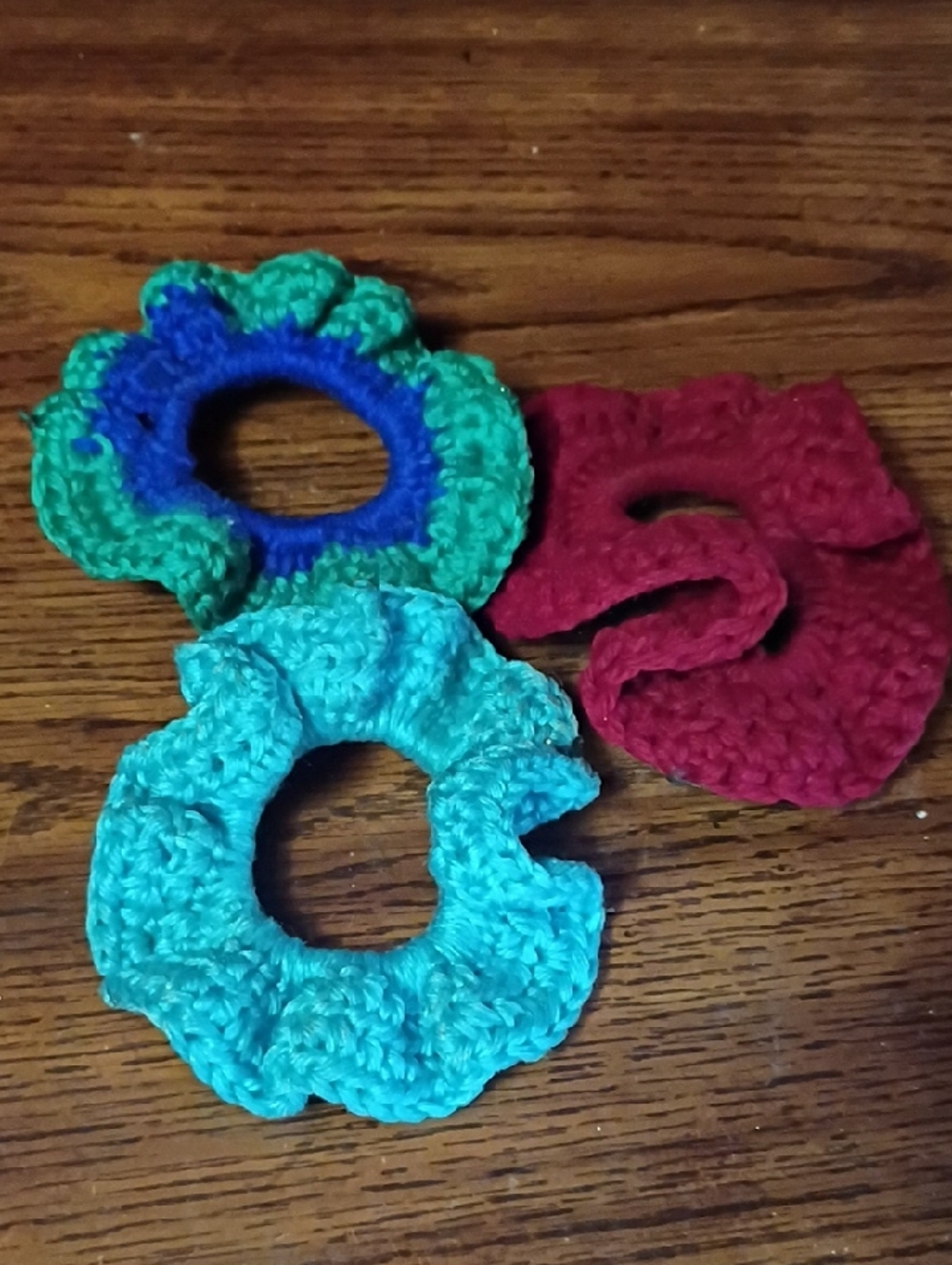 Hand Crafted Crochet Ruffle Scrunchies - Teal, Green & Raspberry